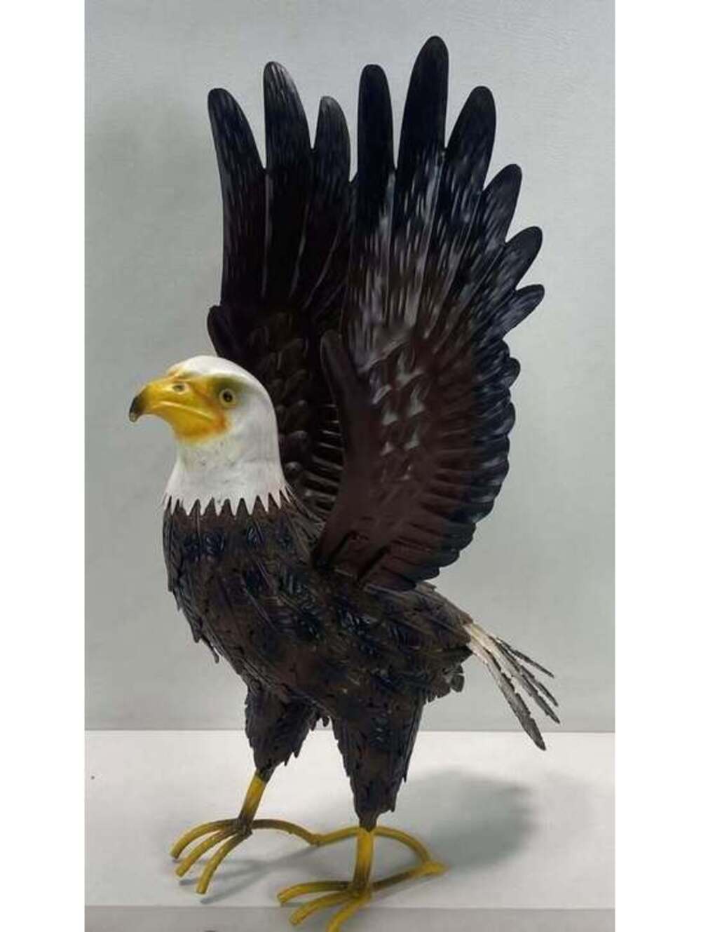 Handcrafted Metal Bald Eagle Sculpture Wood Base Americana Folk Art Rustic 15"